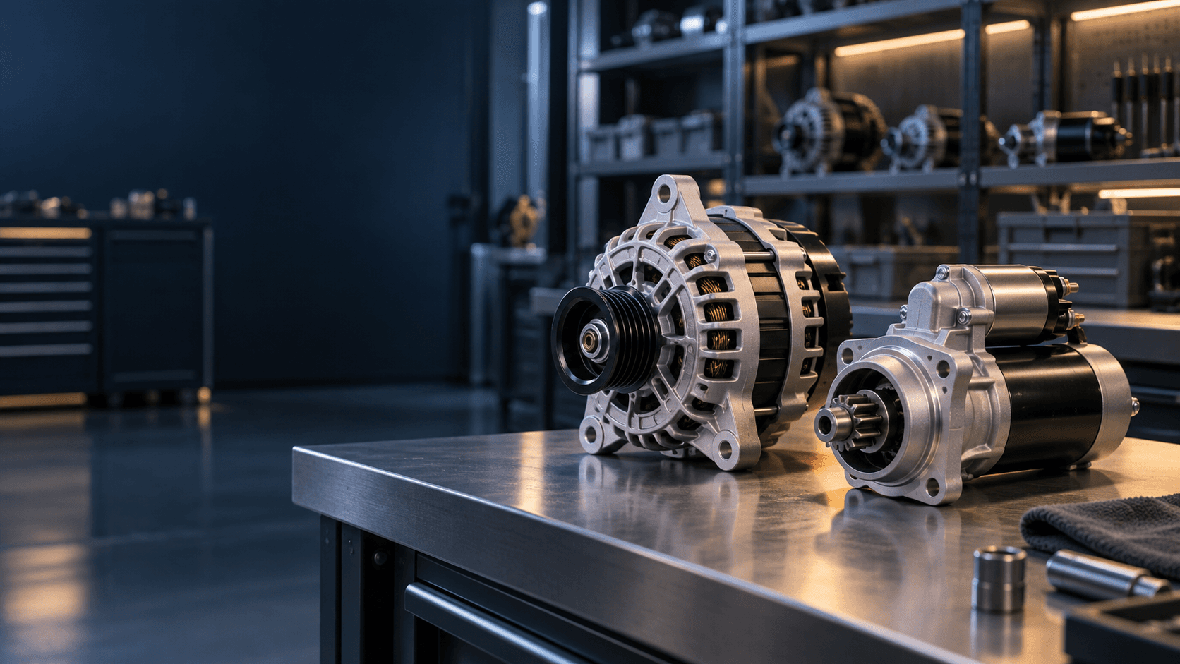 Illustrative automotive electrical components on a workbench